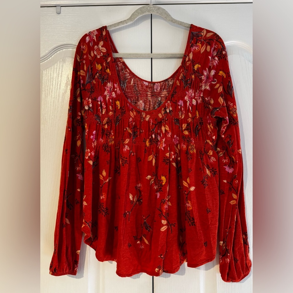 Free People Orange Floral Patterned Flowy Scoop Neck  Blouse - Size M - Picture 3 of 5